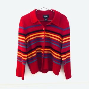 REQUIREMENTS Petite Vintage Boiled Wool Cardigan Sweater, Red Multi Striped